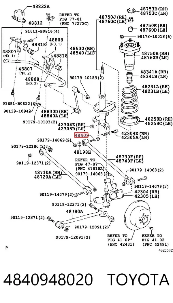 Perno interior del brazo de caída trasero 4840948020 Toyota