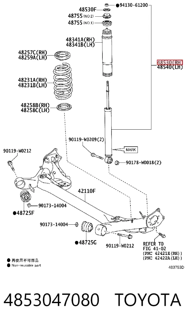 Amortiguador trasero derecho 4853047080 Toyota