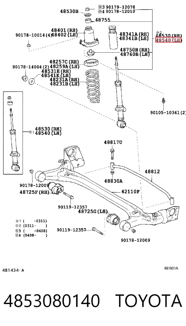 Amortiguador trasero derecho 4853080140 Toyota
