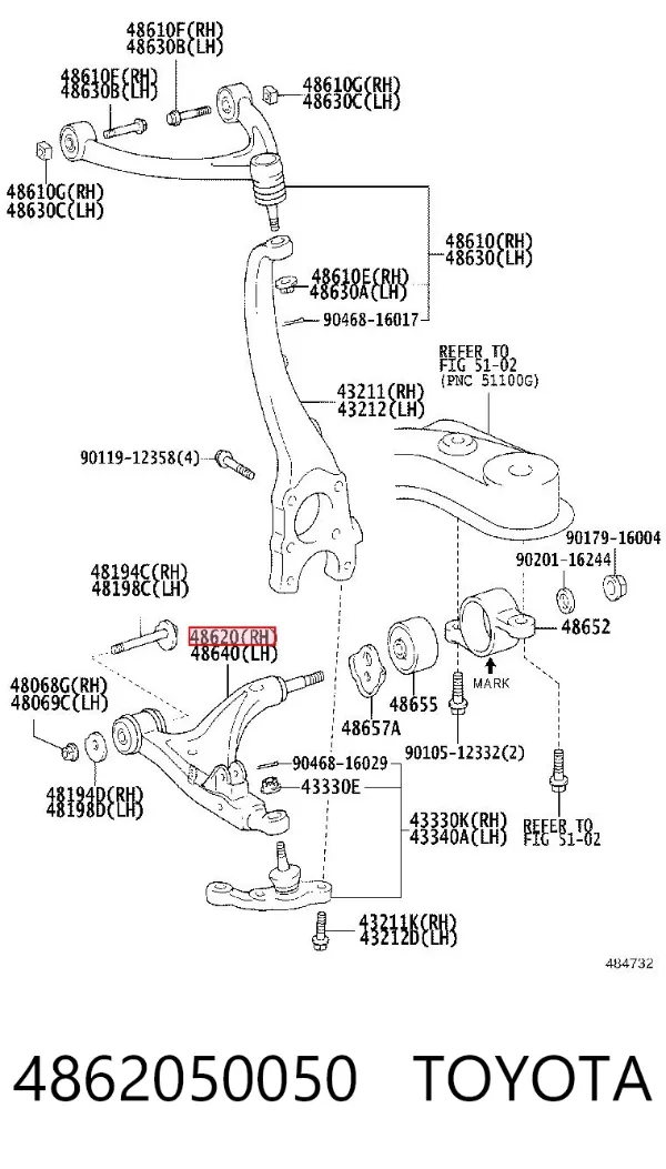 Brazo inferior derecho de la suspensión delantera 4862050050 Toyota
