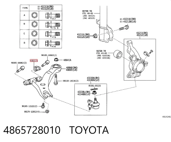 Silentblock del brazo de suspensión 4865728010 Toyota