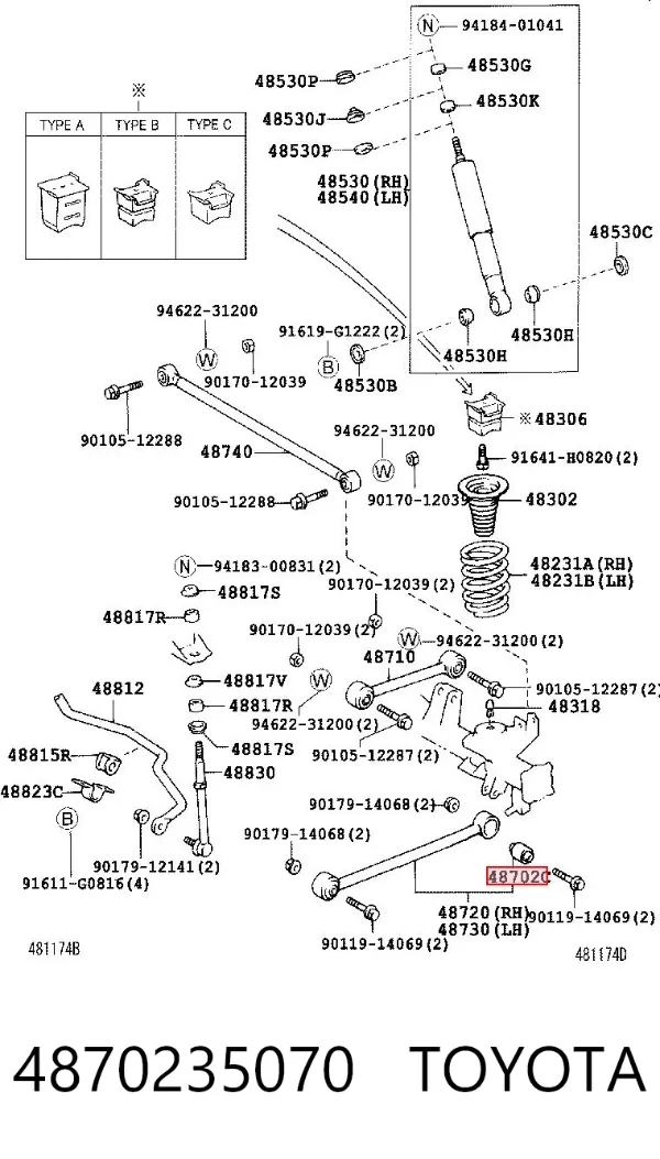 Buje del brazo longitudinal inferior trasero 4870235070 Toyota