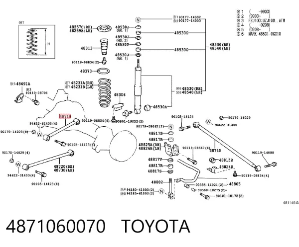 Brazo longitudinal superior derecho de la suspensión trasera 4871060070 Toyota