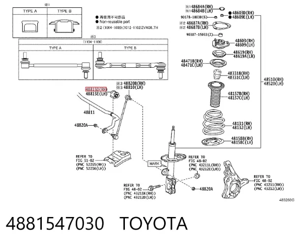 Buje de barra estabilizadora trasera 4881547030 Toyota
