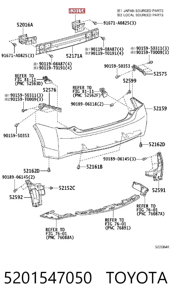 Soporte del refuerzo del parachoques trasero 5201547050 Toyota