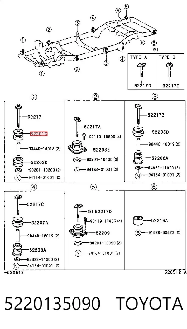 Cojín de bastidor 5220135090 Toyota