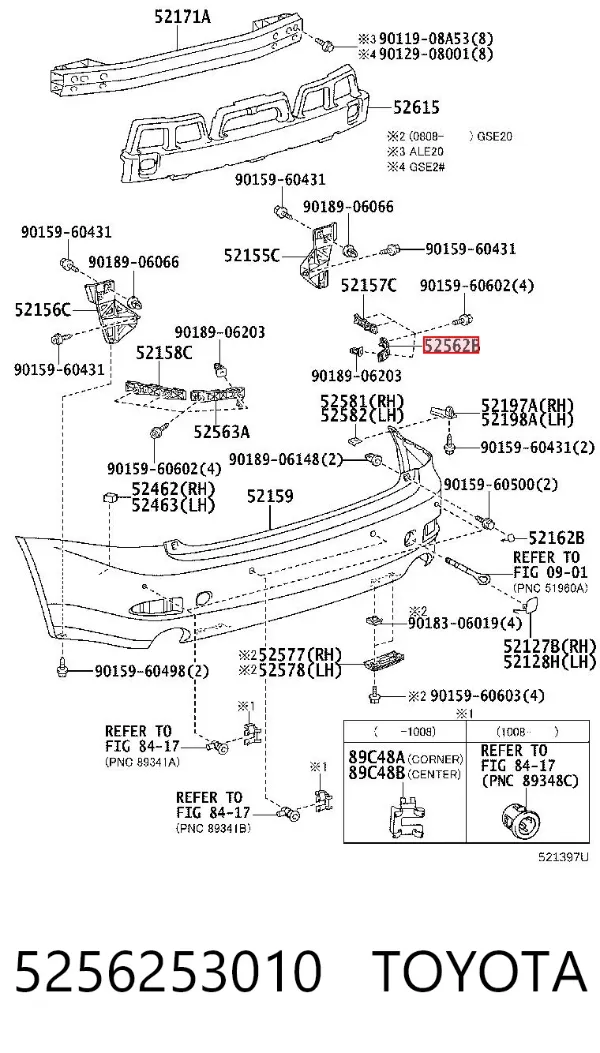 Guía derecha del parachoques trasero 5256253010 Toyota