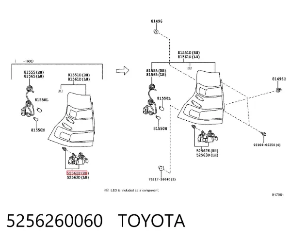 Soporte del piloto trasero derecho 5256260060 Toyota