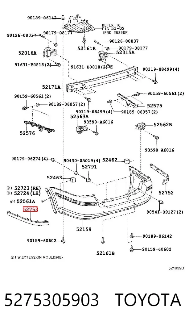 Moldura de parachoques trasero izquierdo 5275305903 Toyota