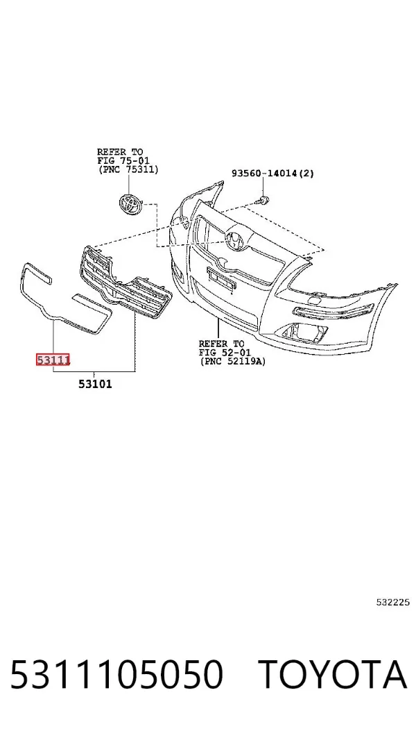 Moldura de la rejilla del radiador 5311105050 Toyota