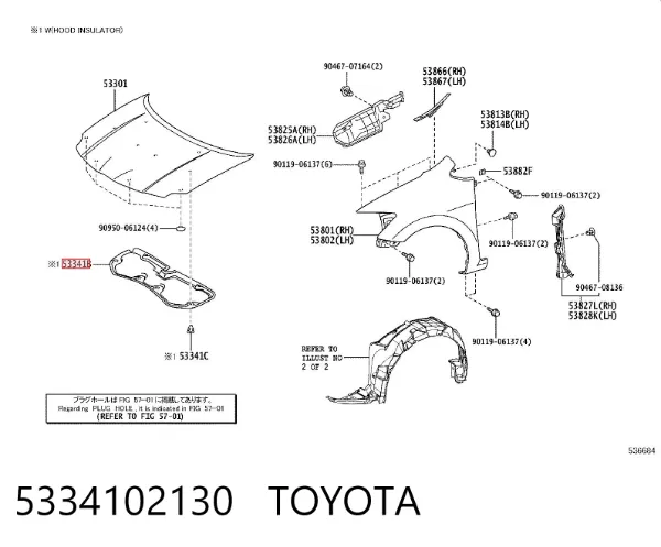 Aislamiento del Capó 5334102130 Toyota