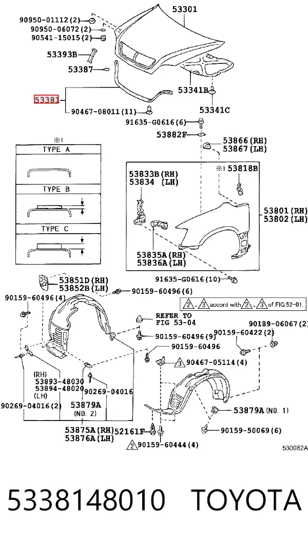 Sellador del capó 5338148010 Toyota