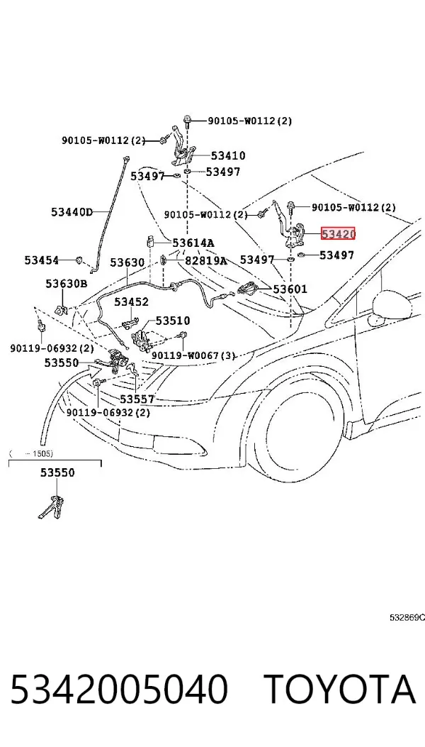 Bisagra izquierda del capó 5342005040 Toyota
