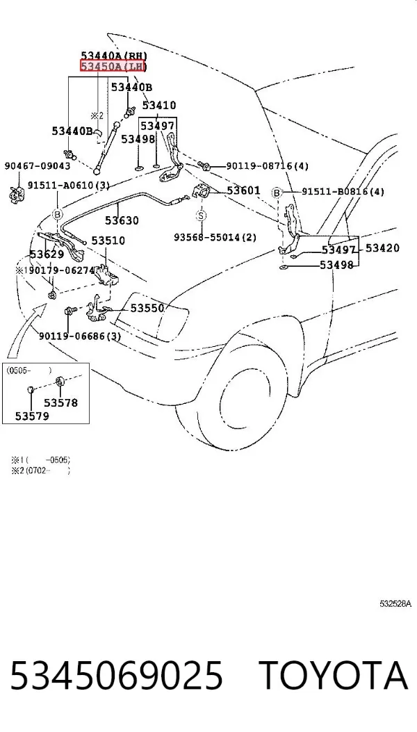 Amortiguador de capó 5345069025 Toyota