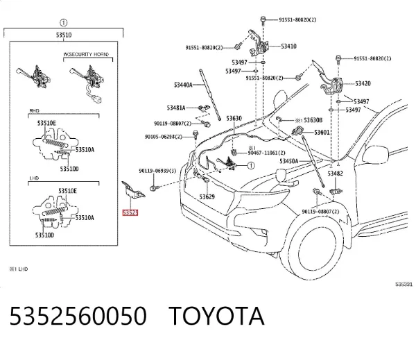 Soporte del cierre del capó 5352560050 Toyota