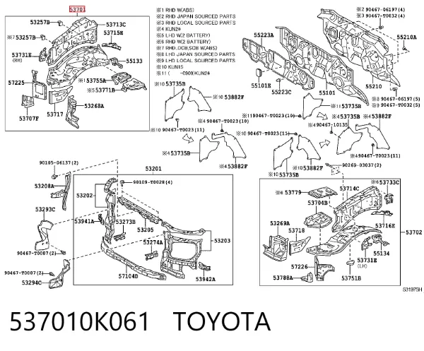Arco de guardabarros delantero derecho 537010K061 Toyota