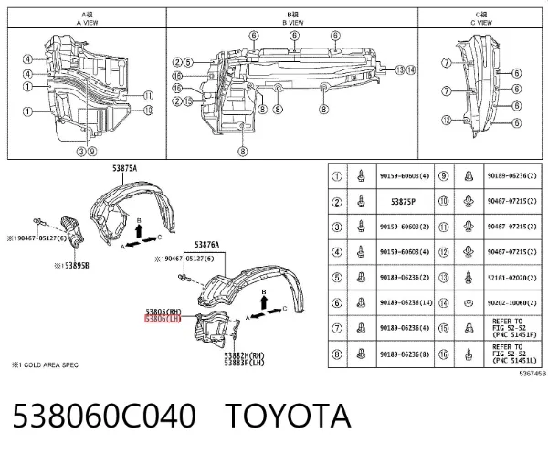 Guardalodos interior izquierdo, guardafango delantero 538060C040 Toyota