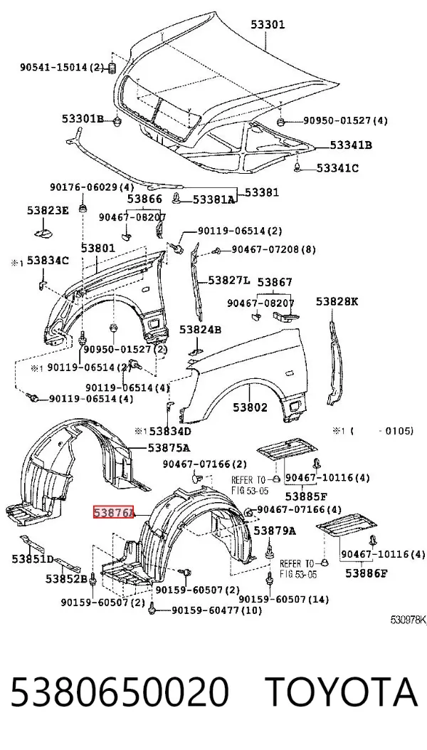 Guardalodos interior izquierdo, guardafango delantero 5380650020 Toyota