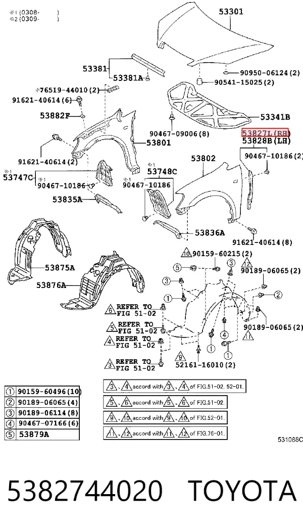 Moldura del guardabarros delantero derecho 5382744020 Toyota