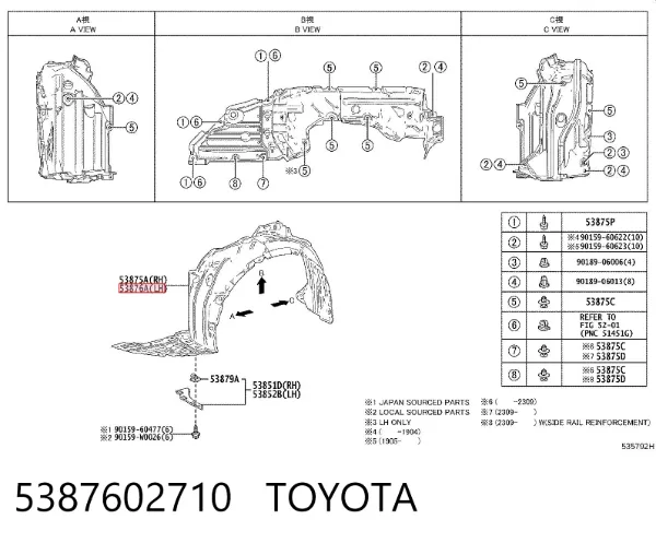 Guardalodos interior izquierdo, guardafango delantero 5387602710 Toyota
