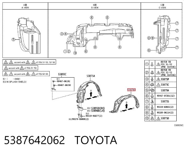 Guardalodos interior izquierdo, guardafango delantero 5387642062 Toyota
