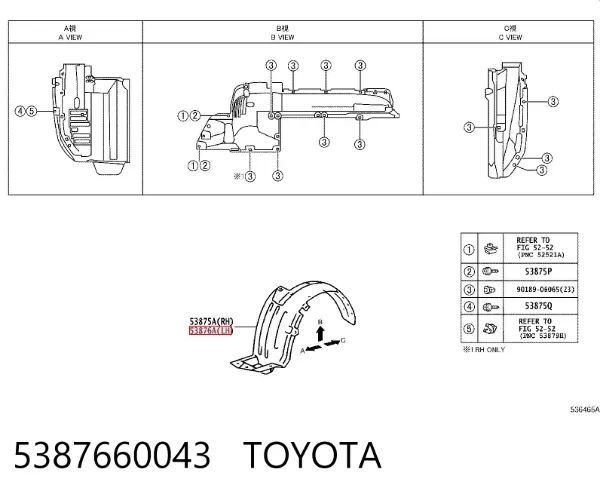 Guardalodos interior izquierdo, guardafango delantero 5387660043 Toyota