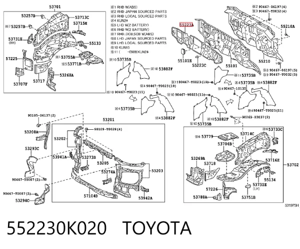 Aislamiento acústico del cortafuegos 552230K020 Toyota