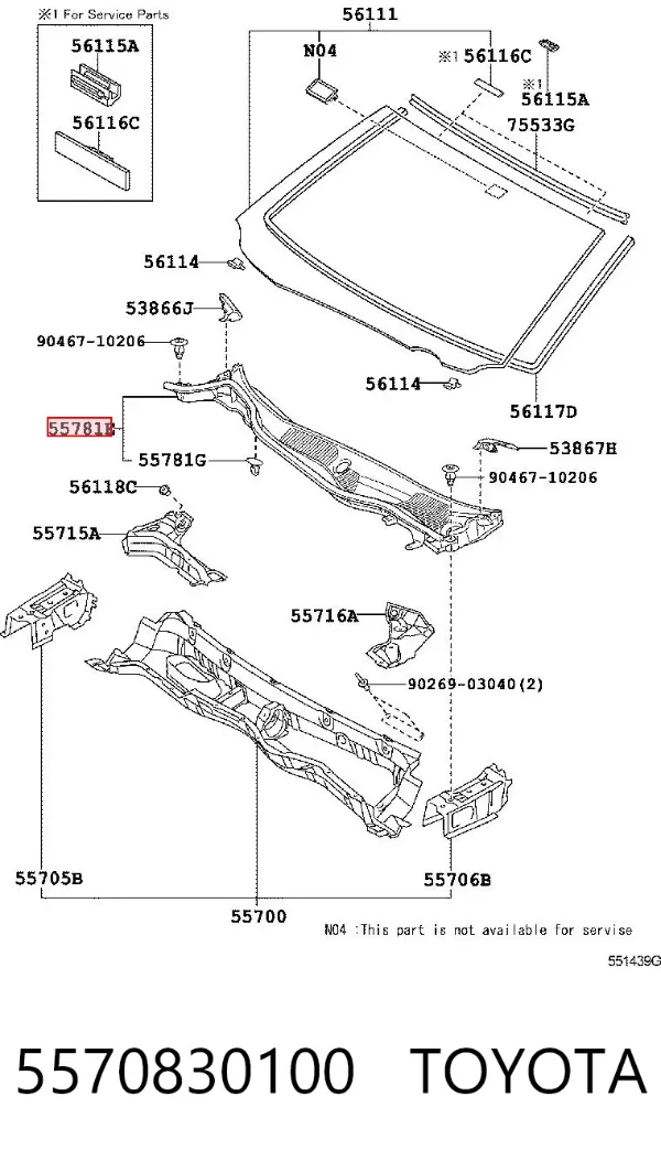 Rejilla de limpiaparabrisas 5570830100 Toyota