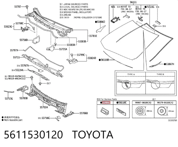 Clip de fijación de moldura de parabrisas 5611530120 Toyota