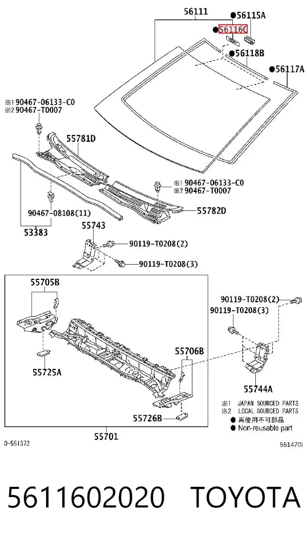 Clip de fijación de moldura de parabrisas 5611602020 Toyota