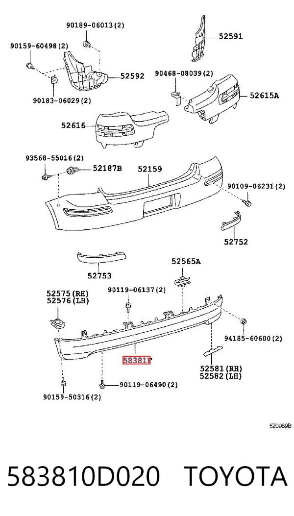 Parachoques trasero, parte inferior 583810D020 Toyota