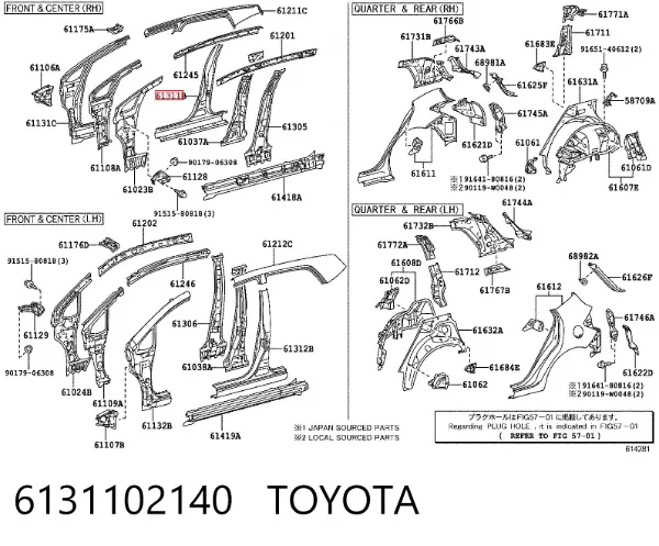 Pilar central derecho de carrocería 6131102140 Toyota