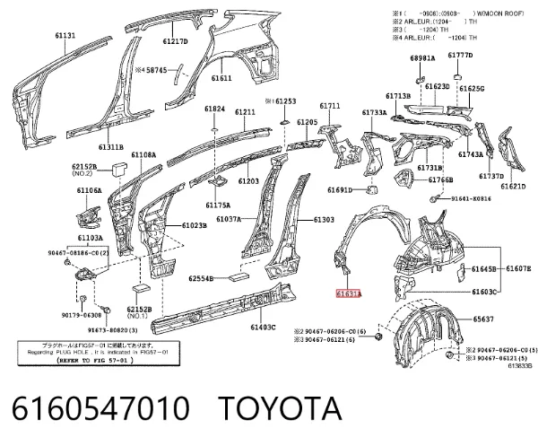 Arco de guardabarros trasero derecho 6160547010 Toyota
