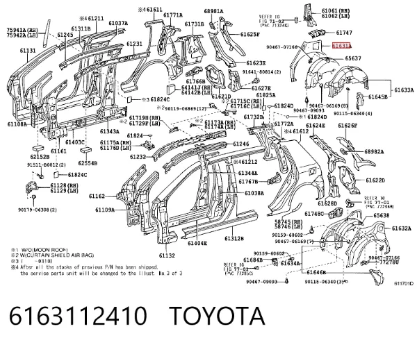 Arco de guardabarros trasero derecho 6163112410 Toyota