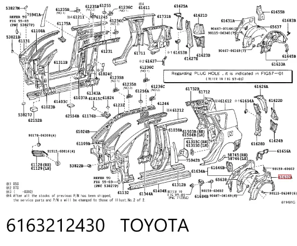 Arco de guardabarros trasero izquierdo 6163212430 Toyota