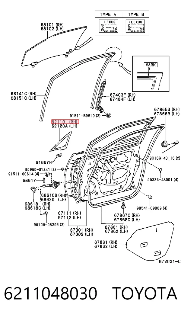Cristal de ventilación puerta delantera izquierda 6211048030 Toyota
