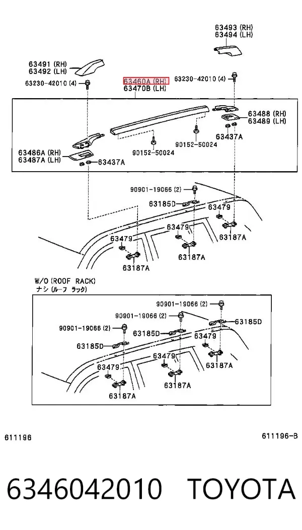 Riel de techo derecho 6346042010 Toyota