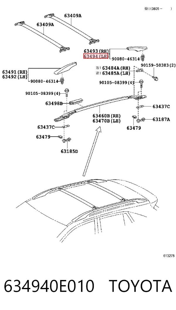 Tapa trasera izquierda de riel de techo 634940E010 Toyota