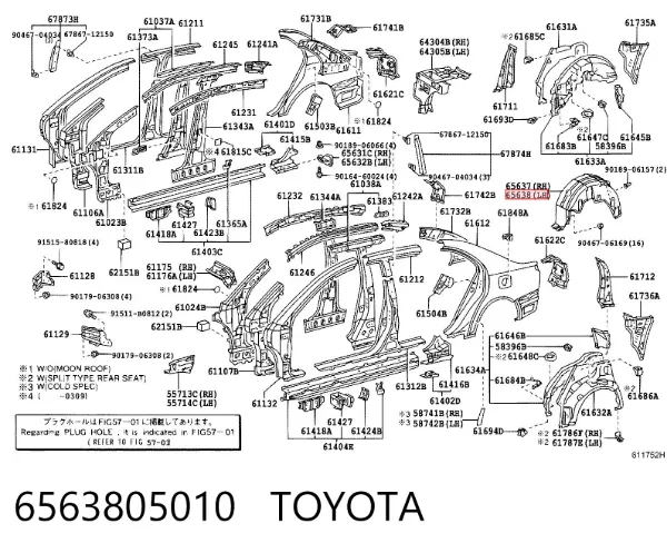 Guardabarros interior izquierdo trasero 6563805010 Toyota