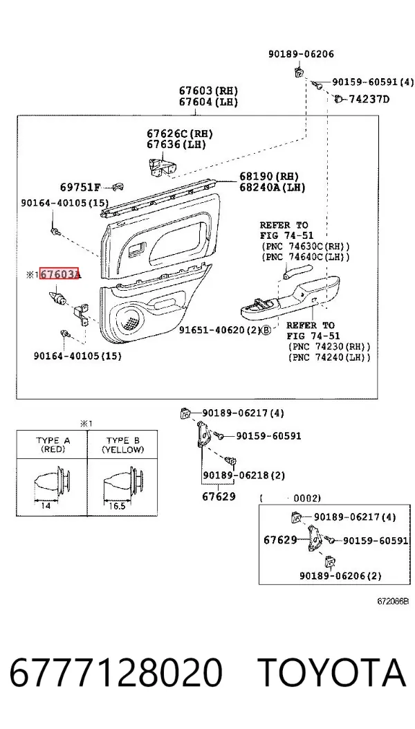 Clip de fijación de revestimiento de puerta 6777128020 Toyota