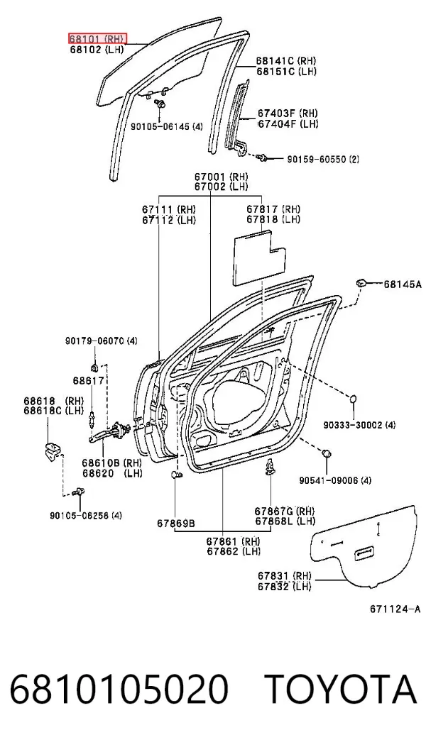 Cristal de puerta delantera derecha 6810105020 Toyota