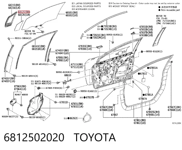 Cristal de ventanilla fija de puerta delantera derecha 6812502020 Toyota