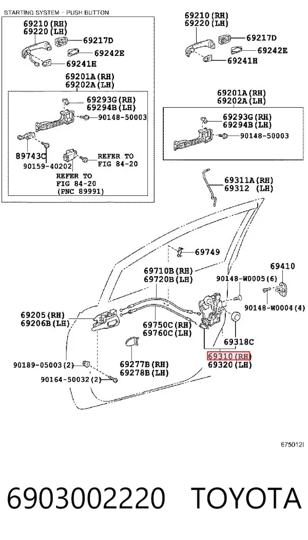 Cerradura de puerta delantera derecha 6903002220 Toyota