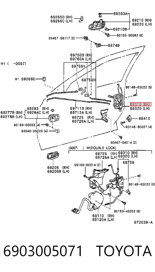 Cerradura de puerta delantera derecha 6903005071 Toyota