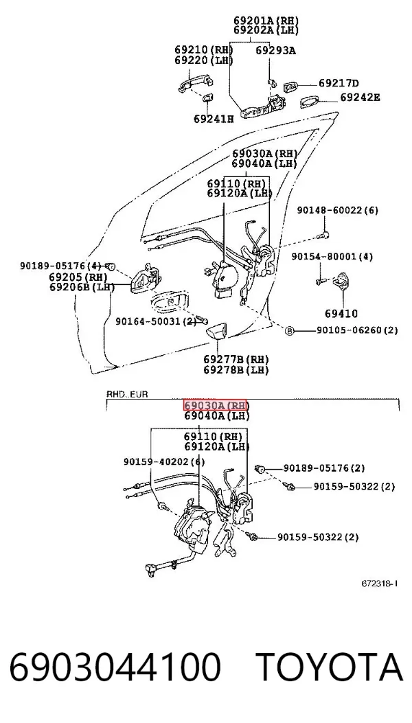 Cerradura de puerta delantera derecha 6903044100 Toyota