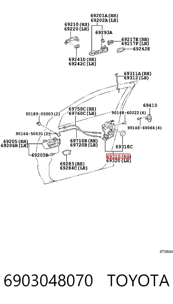 Cerradura de puerta delantera derecha 6903048070 Toyota