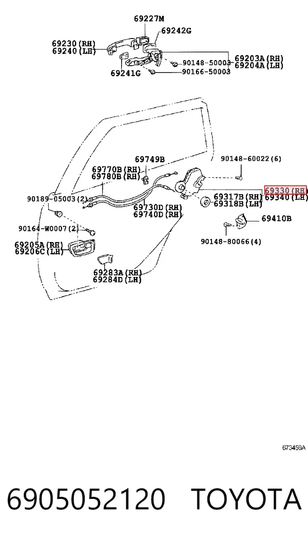 Cerradura de la puerta trasera derecha 6905052120 Toyota