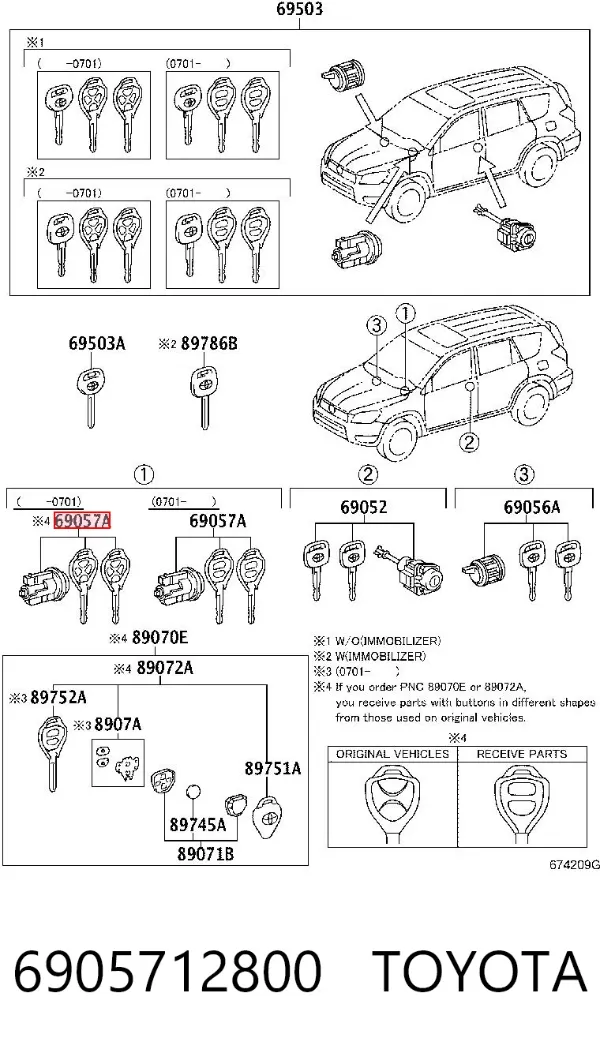 Bombín de cerradura de encendido 6905712800 Toyota