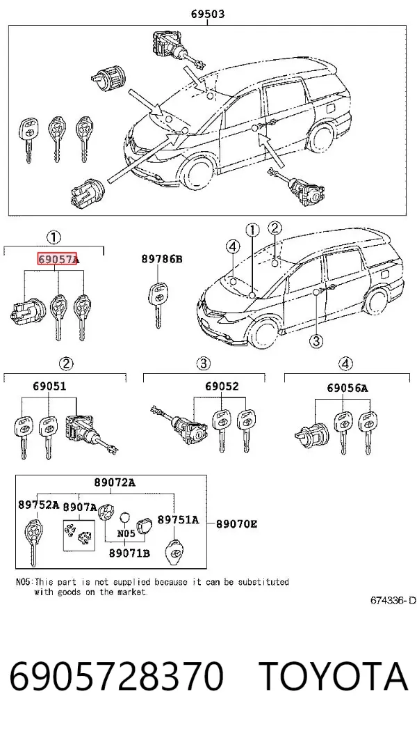 Bombín de cerradura de encendido 6905728370 Toyota