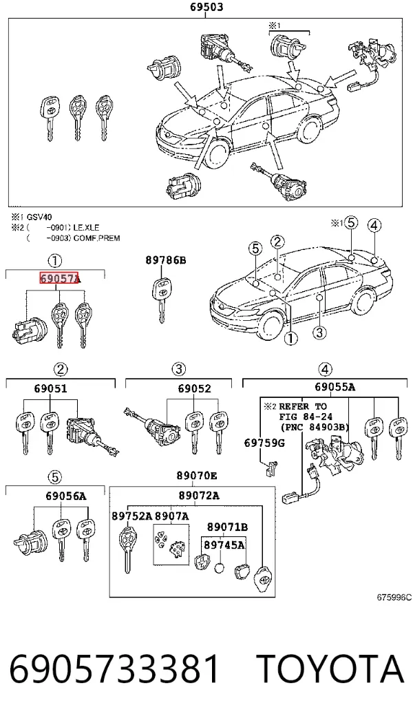 Bombín de cerradura de encendido 6905733381 Toyota